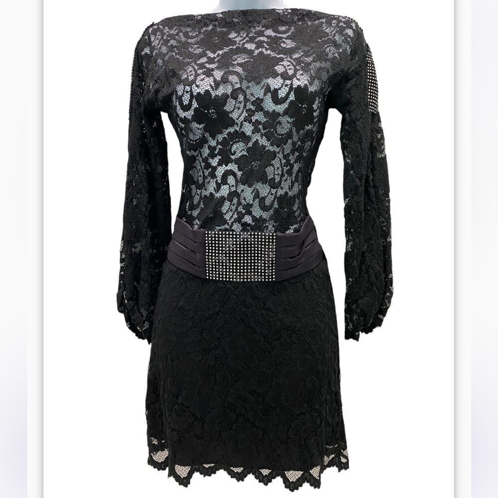 Sentimental NY By Sam Hourani Black Lace Dress With Rhinestone Tuxedo Belt Sz M - Picture 6 of 13